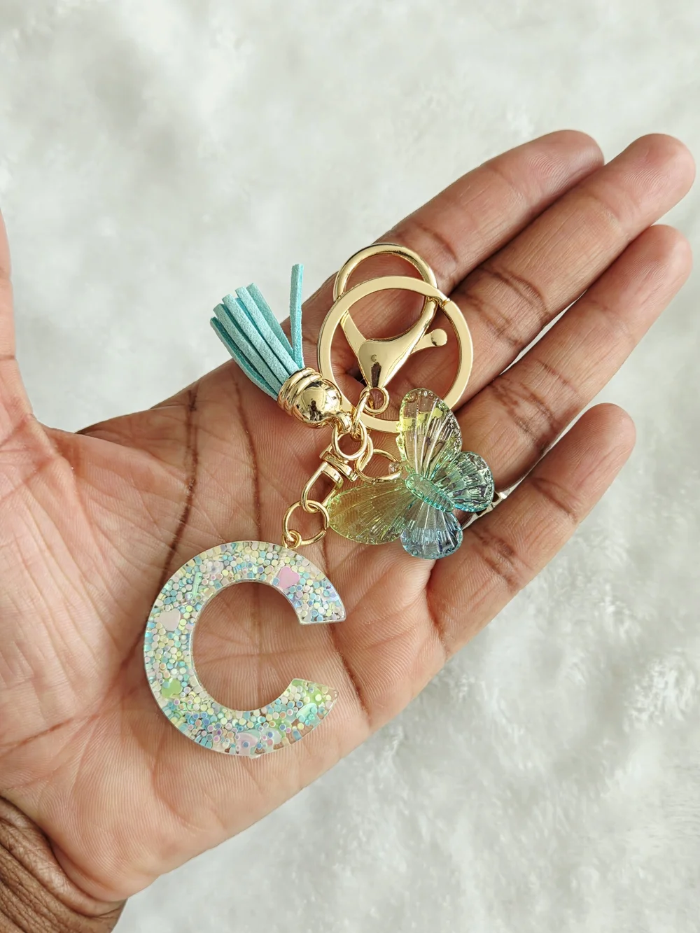 Sparkling Aqua Letter C Keychain with Tassel & Butterfly Bag Charm